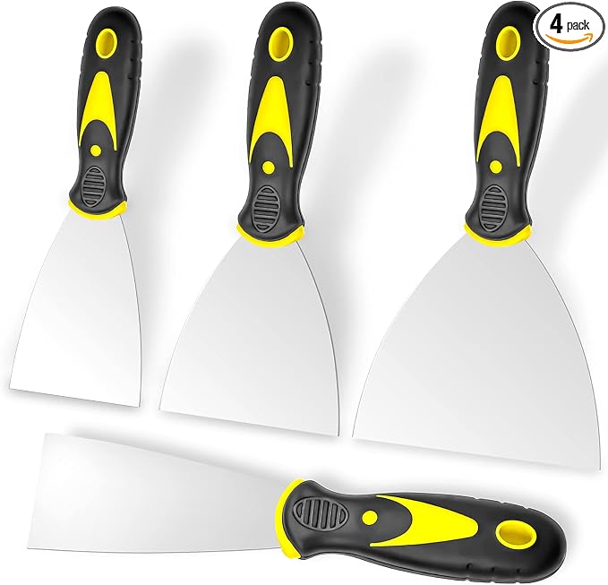 Putty Knife, 4Pcs Spackle Knife Set (2, 3, 4, 5 in), Stainless Steel Paint Scraper, Taping Knife Tool for Repairing Drywall, Removing Wallpaper, Applying Putty, Plaster, Cement, Adhesive