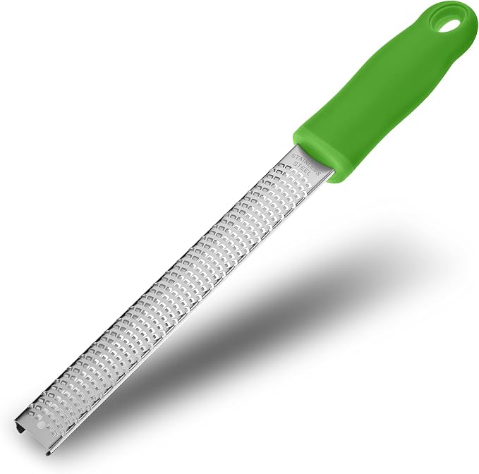 8-Inch Lemon Zester & Cheese Grater 18/8 Stainless Steel Citrus Zester for Lemon, Lime, Parmesan, Garlic & Ginger 8’’ Long Razor Sharp Blade, Ergonomic Non‑Slip Handle with Protective Cover, Green