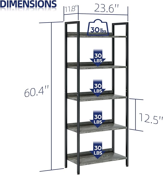NUMENN Bookshelf, 5 Tier Freestanding Shelving Unit, Dark Grey | Metal Frame & Wood Shelves, Falling Prevention Baffle, Open Storage Bookcase for Bedroom, Living Room & Home Office