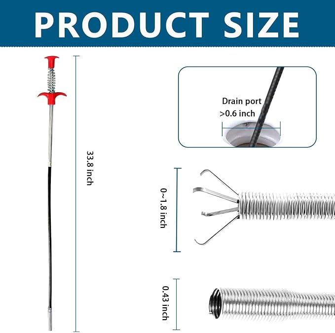 33.8 inch Drain Snake Hair Drain Clog Remover Tool - Sink Drain Cleaner for Toilet Sewer Shower Kitchen Bathroom Tub Clogged Drains Opener Cleaning Tool, Flexible Grabber Claw Pick Up Tool (33 in)