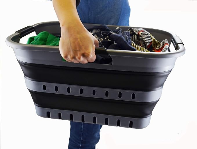 SAMMART Set of 2-30L (8 gallon) Collapsible Plastic Laundry Basket - Foldable Pop Up Storage Container/Organizer - Space Saving Hamper/Basket (2, Grey/Black)