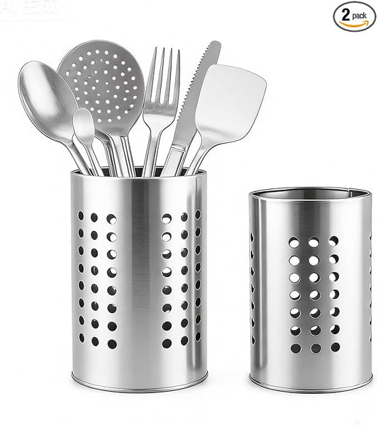 2PCS Stainless Steel Kitchen Utensil Holder, Utensil Caddy & Organizer for Drying Cooking Spoons Utility Sturdy Home Kitchen Daily Use Utensil Drainer (Silver)
