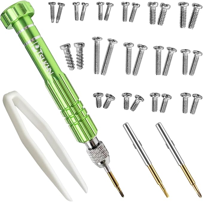 PTSLKHN Eye Glass Repairing Kit, S2 Steel Screwdriver with 15 Types of Screws, Precision Eyeglass Repair Tool Set (Green2in1-screws)
