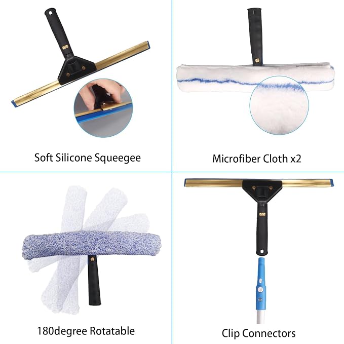Pro Window Cleaning Kit with Storage Bucket, with 4 13 inch Extension Rods, Scrubber, Spray Bottle, Rag and Scraper with Rotating Head - Car/Home Glass Cleaning System