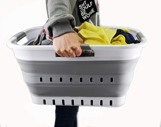 SAMMART Set of 2-30L (8 gallon) Collapsible Plastic Laundry Basket - Foldable Pop Up Storage Container/Organizer - Space Saving Hamper/Basket (2, White/Grey)