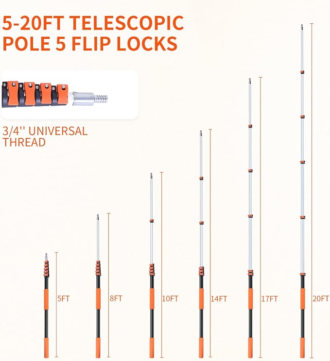 Telescoping Extension Pole 5-12 ft, Reaches 18 ft. Lightweight Aluminum Alloy with Easy Flip-Lock. for Paint Roller, Window Cleaning, Dusting & More