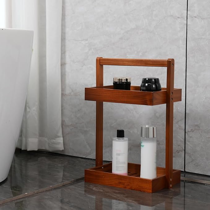 Utoplike Teak Wood Shower Caddy Corner, 2 Tier Bathroom Organizer Countertop, Standing Shower Rack with Handle, Stand Up Shower Basket for Shampoo, Shelf Rack for Inside Shower, Kitchen Desktop | Solid Shower Organizer with Handle, Stand Up Shower Bask...