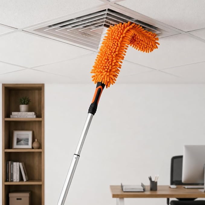 Chenille Duster with Bendable Head – Washable Ceiling Fan Duster for High Ceilings, Blinds, and Furniture – Universal Thread Fit for Easy Cleaning, Orange