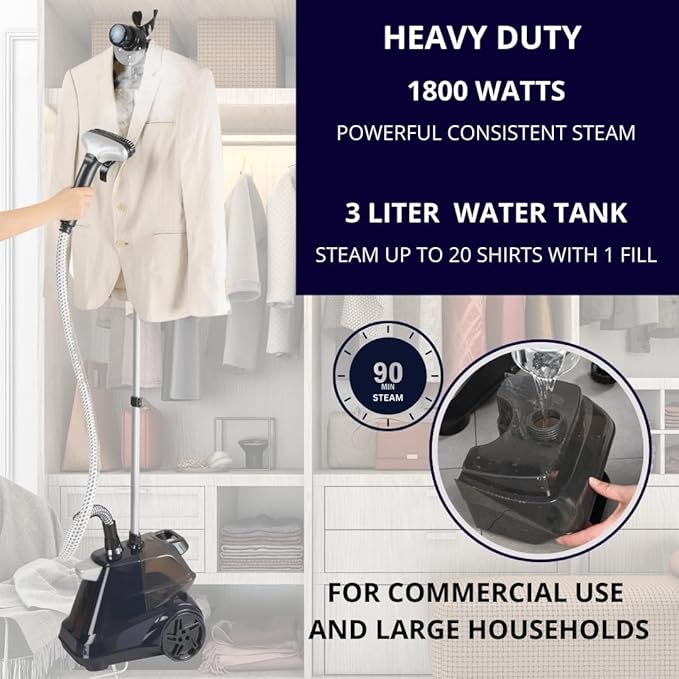 SALAV Heavy Duty Commercial Full-Size Garment Steamer with Foot Pedals and Extra Large 3L (101.5 oz) Water Tank, 1800 watts of Poweful Steam (Navy)