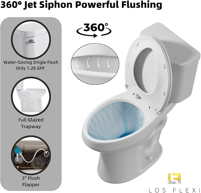 Tall Toilets For Seniors 21 Inch, Los Flexi Comfort & High Toilet, Elongated Bowl and Soft-Close Seat, 1.28 GPF Extra Tall Handicap Toilet with Efficient Siphonic Flush & 12" Rough-In
