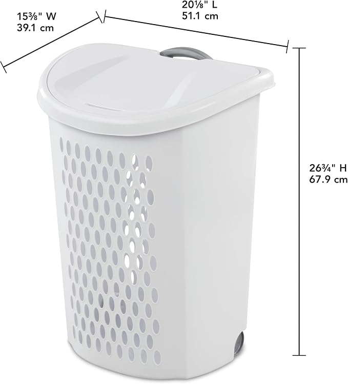White Wheeled Plastic Laundry Hamper with Comfort Handle & Rolling Wheels, Portable Dirty Clothes Storage Bin for Bedroom Bathroom Laundry Room, Easy Transport
