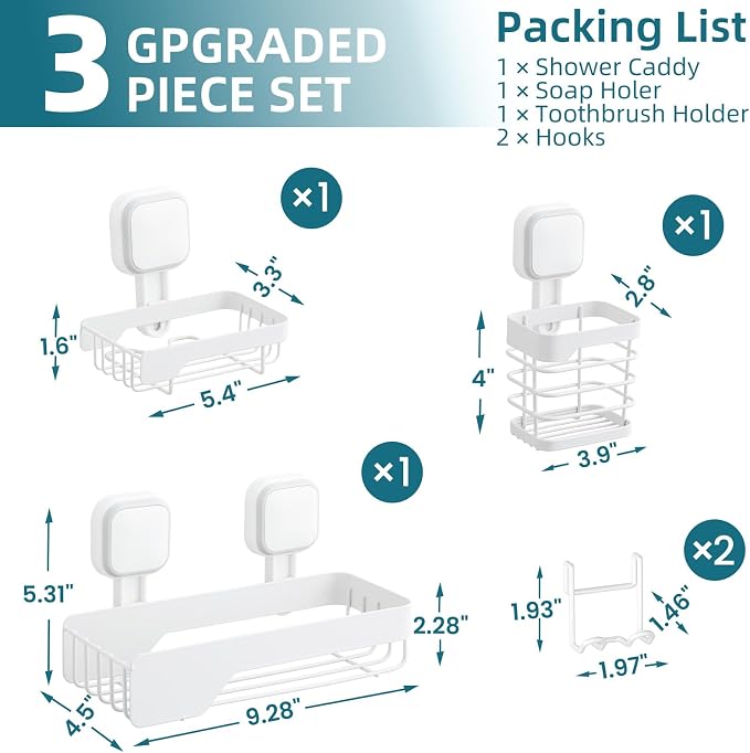 TAILI Shower Caddy Suction Cup Stainless Steel Rustproof Shower Shelves, No Drilling Wall Mounted Basket, Upgraded Removable Suction Cup Bathroom,White 3pack