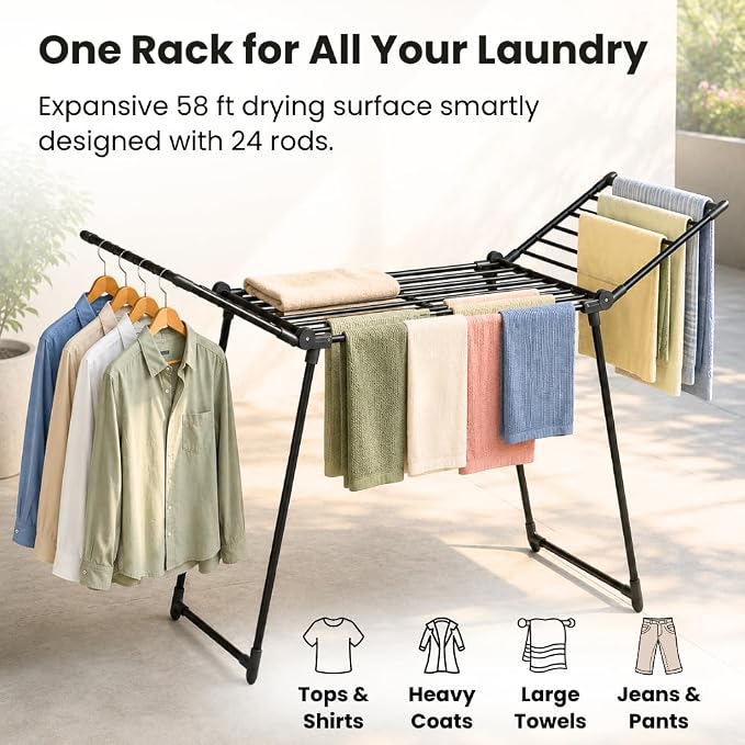 Clothes Drying Rack Foldable, Heavy Duty Metal Laundry Drying Rack for Indoor & Outdoor Use, Large Foldable Clothes Dryer Rack with 30KG Load Capacity, Space Saving Clothing Drying Rack