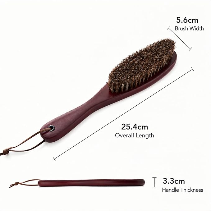 Lint Remover Brush, Natural Horsehair & Beech Wood Handle, Clothes Brush for Suits, Coats, Sweaters, Furniture, Car Seats & Pet Hair, Gentle for Delicate Fabrics, Travel Size (Walnut Red)