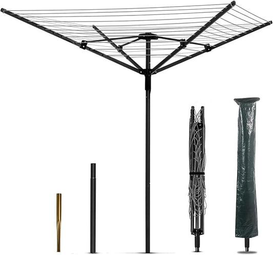 Nisorpa Rotary Outdoor Umbrella Drying Rack Adjustable Height Clothesline w/Waterproof Protective Cover Folding Rotary Dryer with 4-Aluminum Arms and Steel Post 12-Lines with 165 ft Clothesline
