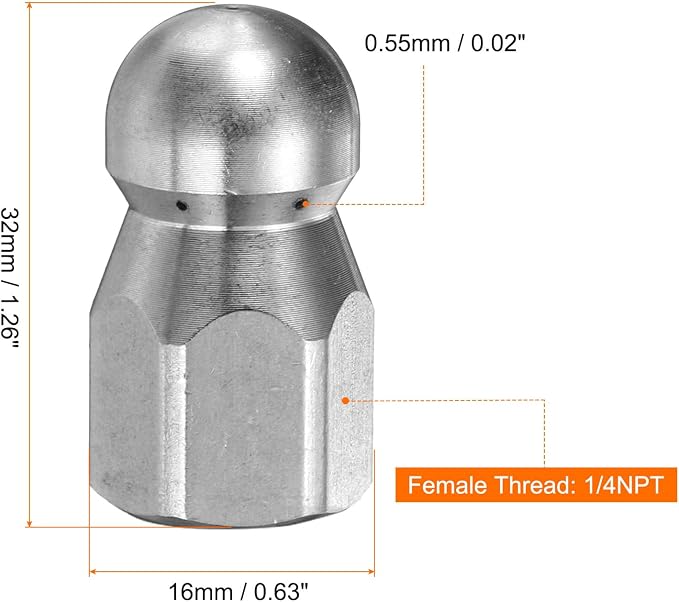 HARFINGTON Pressure Washer Sewer Nozzles 1/4" NPT Orifice 5000 PSI Stainless Steel Drain Blaster Rotating Button Nose Fixed Cleaning Water Hose Jet for Drain Cleaning Hose