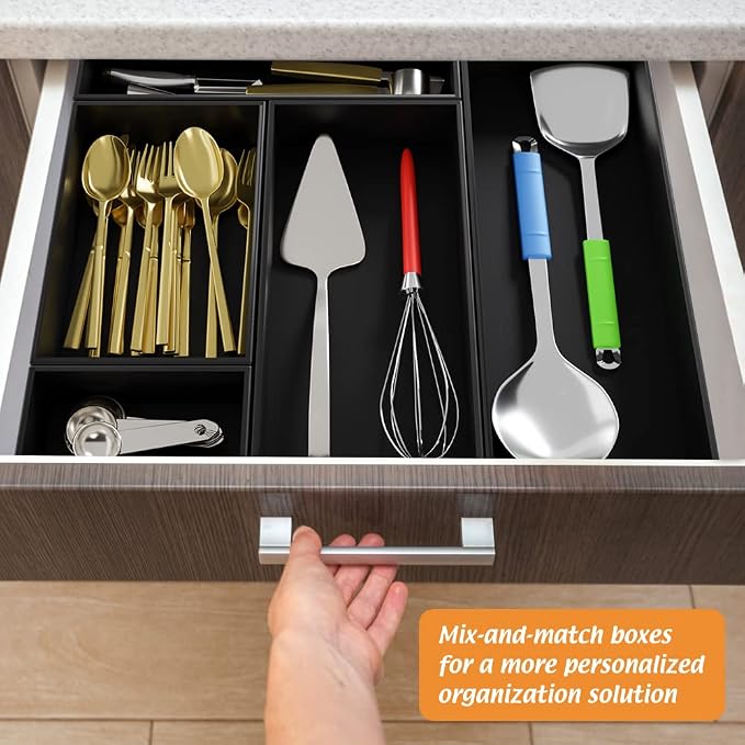 Black Bamboo Drawer Organizer - Silverware&Utensil Holder Organizer for Kitchen Drawers, Multi-Use Drawer Dividers Boxes for Bathroom Counter，Cabinet, Garage, Office Desk, Makeup, Jewelry (9"6"2.5") | Silverware Cutlery Utensil Tray, Multi-Use Drawer D...