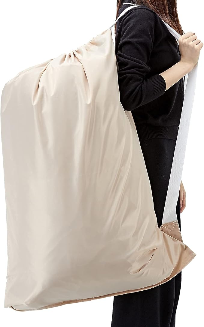 HOMEST XL Nylon Laundry Bag with Strap, Large Dirty Clothes Organizer, Easy Fit a Laundry Hamper or Basket, Can Carry Up to 4 Loads of Laundry, Beige | Heavy-duty nylon material supports bulky garments and daily transport between baskets and storage ar...