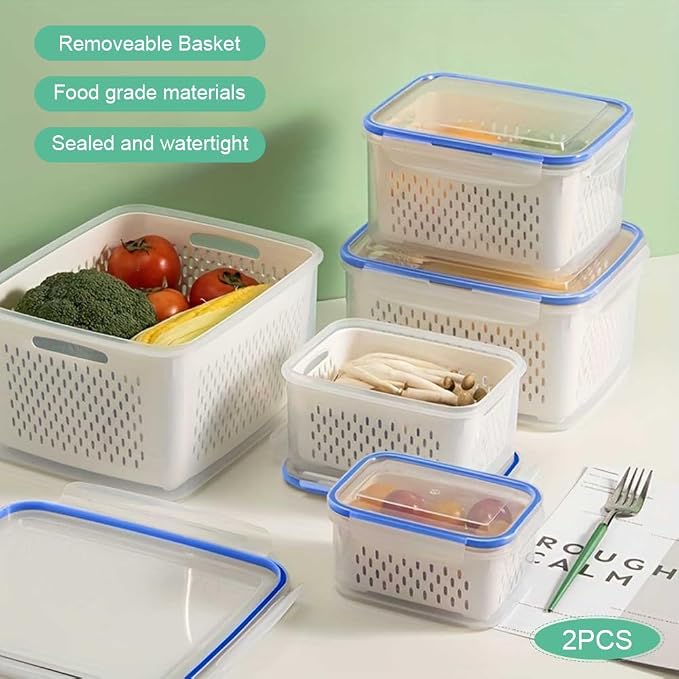 iayokocc 2 Pack Fruit Storage Containers for Fridge, Stackable Food Storage Containers with Removable Colander, Refrigerator Organizer with Drain Baskets Lids- Keeping Food Fresh Longer