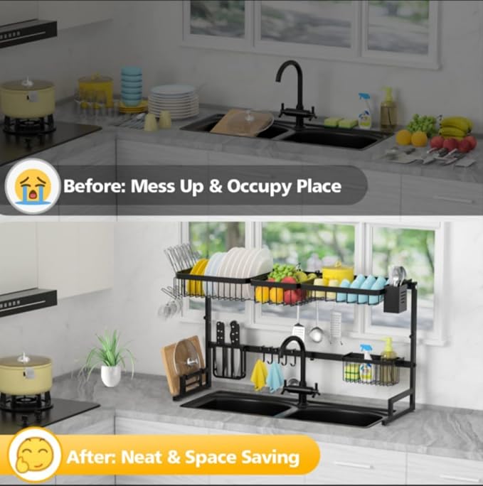 Over The Sink Dish Drainer Drying Rack,Stainless Steel Dish Dyring Rack Above Sink with Adjustable Height 25.6" to 33.5" W,Kitchen Counter Storage Shelf for Organizer Cookware,Cups,Cutting Board
