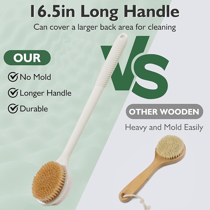 VANZAVANZU Back Scrubber for Shower, 17 Inch Long Handle Back Brush, Dual-Sided Bath Brush, Anti-Slip Handle Shower Brush for Wet or Dry Brushing (Cream White)