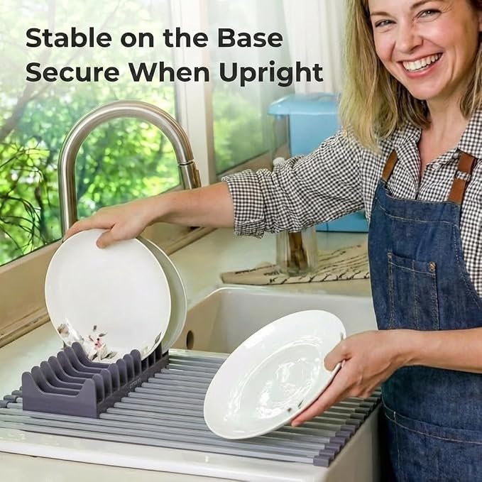 Small Aluminum Roll Up Dish Drying Rack with Removable Dish Holder (9" × 13") for Camping, RV, Camper, Boat & Narrow Sinks, Rust-Proof Square Bar, Purple Gray