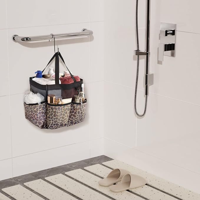 Mesh Shower Caddy Portable - 2 Packs, S-Hook, Shower Bag for Dorm Camping | 8 Pockets, 2-Handle, Quick-Dry, Hanging College Dorm Room Essentials for Girls, Gym, Travel & Bathroom, Black & Leopard