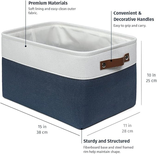 OrganiHaus Large Fabric Storage Baskets for Shelves 3 Pack, 15x11in Closet Storage Bins, Canvas Storage Bin for Organizing, Cloth Baskets, Linen Closet Organizers, Navy Blue/Off-White