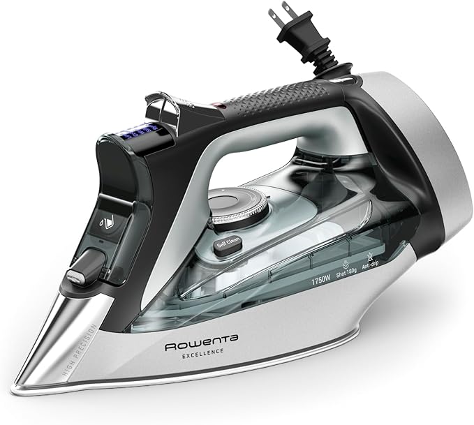Rowenta Iron, Focus Excellence Stainless Steel Soleplate Steam Iron for Clothes, Retractable Cord, 400+ Microsteam Holes, Powerful steam, LED Display, 1750 W Ironing Clothes, Cordreel, Green DW5432
