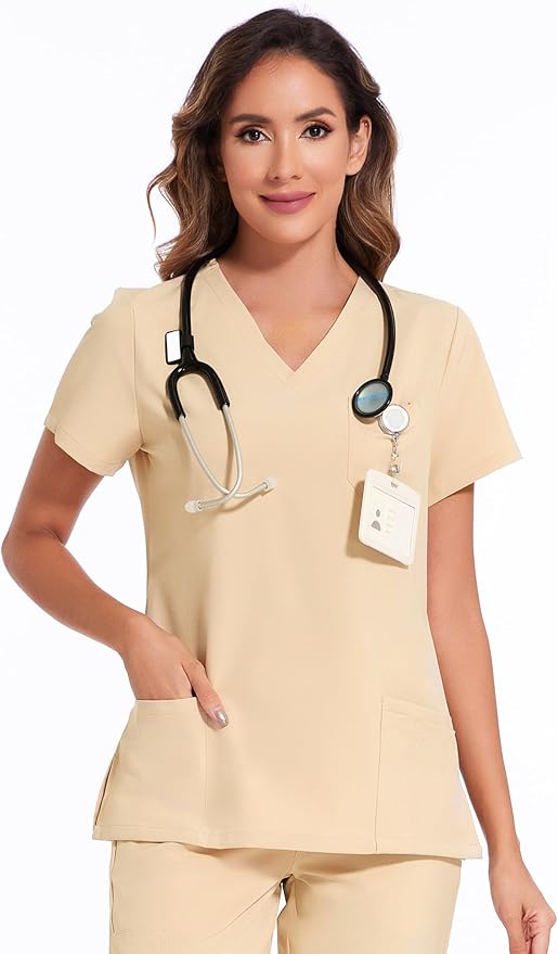 Scrubs Tops for Woman - Soft Stretch, V-Neck Tops | 3 Pockets, Side Split Design, Short Sleeve, Breathable & Lightweight Nursing Shirt, Easy-Care Fabric for All-Day Comfort