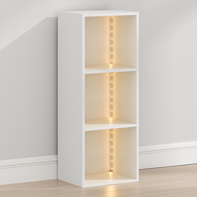 Furinno LUDER 3-Cube Closet Organizer with LED, Closet Storage, White | 9.3 x 12 x 31.5, White LED Light, Organizers and Storage, Closet Storage, for Wardrobe, Bedroom, Entryway