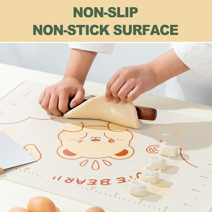 QELEG Non-Stick Silicone Baking Mat, Non Slip Pastry Mats Reusable Silicone Rolling Out Dough Mat with Measuremen and Edge Heightening Beige (Extra Large)