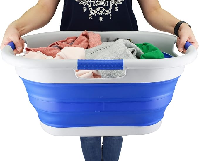 SAMMART 40L (10.5 gallon) Collapsible Plastic Laundry Basket - Foldable Pop Up Storage Container/Organizer - Portable Washing Tub - Space Saving Hamper/Basket (1, Grey/Purplish Blue)