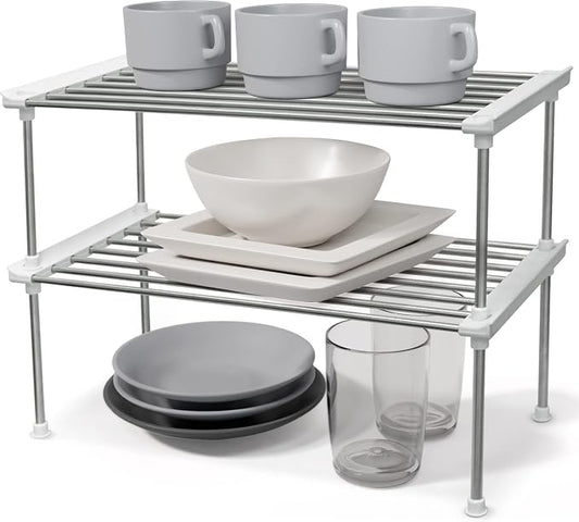 carrotez Set of 2 Stackable Cabinet Organizer Shelf 15.7 x 7.8 x 6.1 White | Kitchen Counter Shelves, Kitchen Cabinet Organizers and Storage, Pantry Storage Shelf Organizer