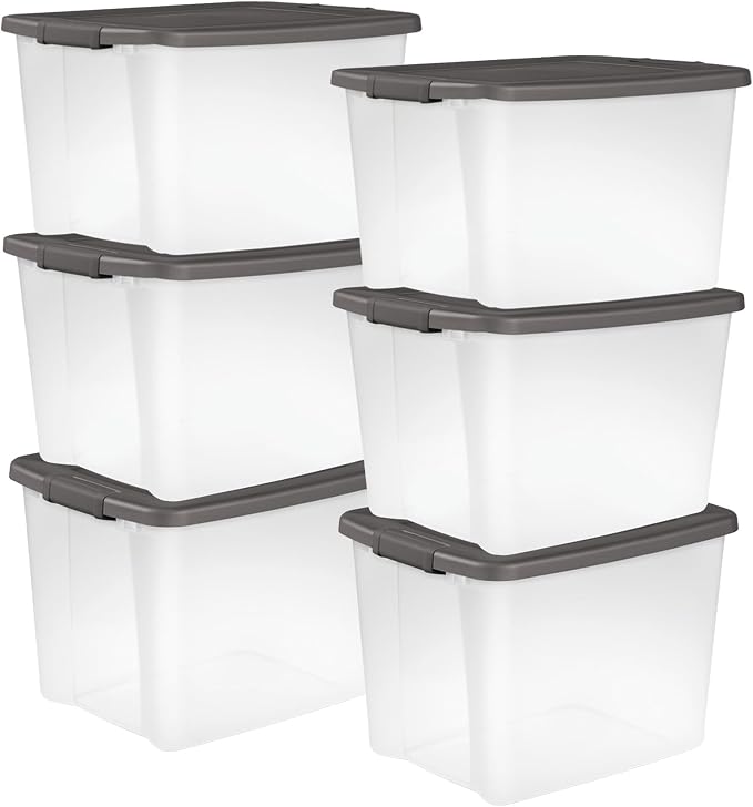 Sterilite 19373V06 50 Quart / 47 Liter Shelf Tote, Clear Base with Flat Gray Lid and Latches, 6-Pack | Clear Bins with Gray Lids - Stackable Organizing Container Boxes for Closet, Bathroom, and Office