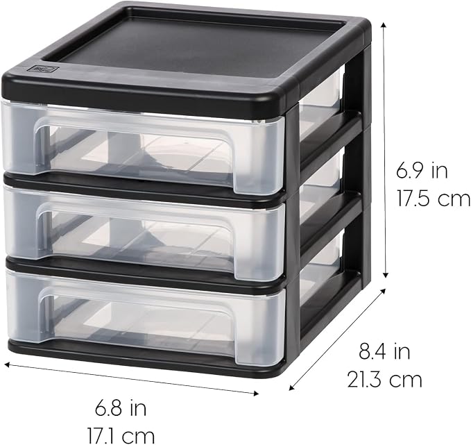 IRIS USA 4-Pack, 3-Drawer Small Plastic Stacking Desktop Organizer, Black | Organize office supplies, stationery, makeup, craft materials and everyday essentials for neat desktop storage