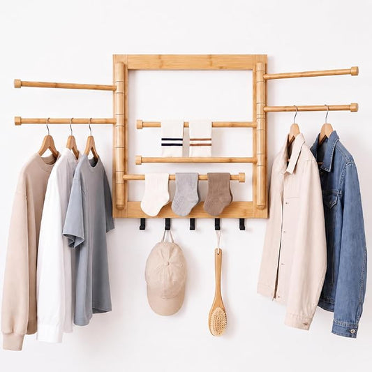 Sintuff Wall Mount Drying Rack for Laundry, 20 Inch Bamboo Collapsible Foldable Clothes Dryer Racks with 8 Arms & 5 Hooks, Space-Saving Laundry Hanger Dryer Rack, 80 lb Capacity