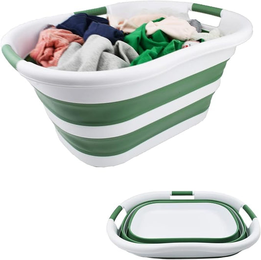 SAMMART 40L (10.5 gallon) Collapsible Plastic Laundry Basket - Foldable Pop Up Storage Container/Organizer - Portable Washing Tub - Space Saving Hamper/Basket (1, White/Dark Sea Green)