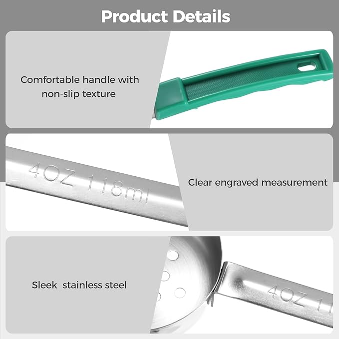 8 Pcs Portion Control Serving Spoons, Including 4 Slotted & 4 Solid Ladles, 4 Oz Stainless Steel Spoons with Non-Slip Plastic Handle for Home Kitchen, Gym Meal Prep, Cafés & Catering
