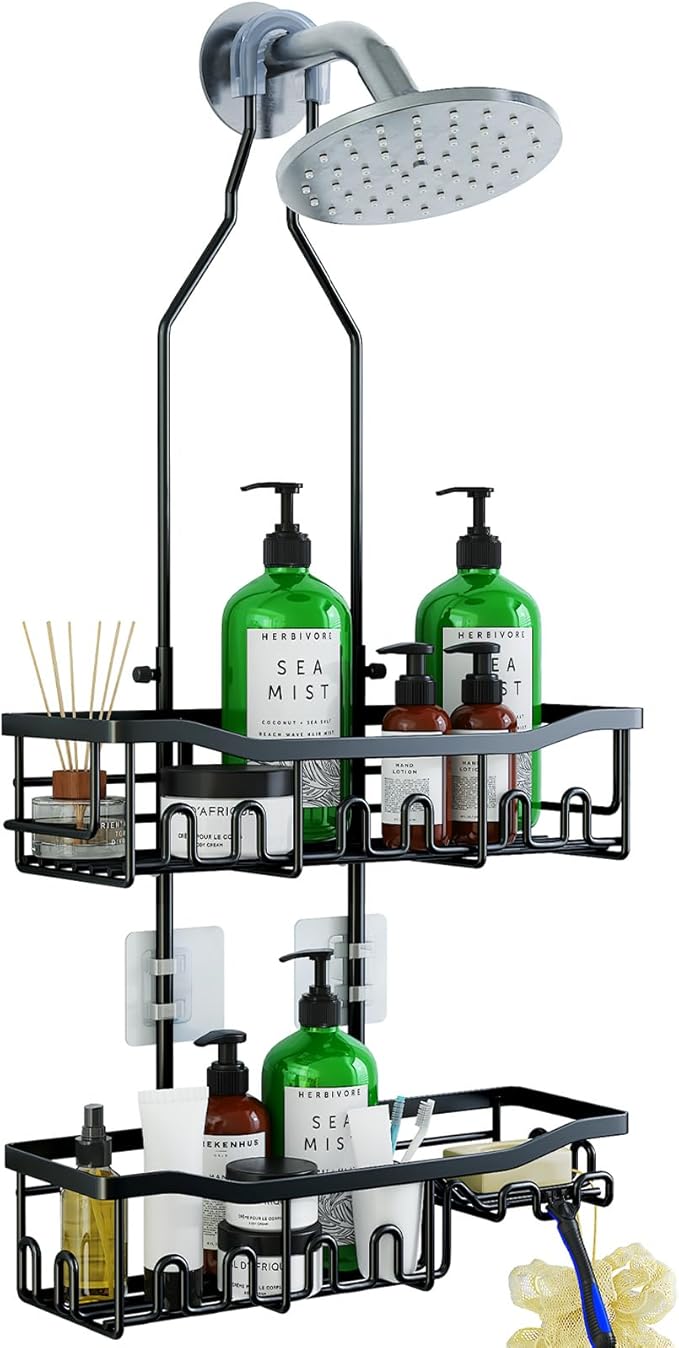Upgraded Extended Length Shower Organizer with Hooks, Rustproof Shampoo Soap Holder, Large Hanging Bathroom Caddy