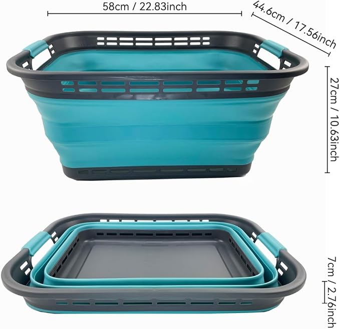 SAMMART 42L (11 Galloons) Collapsible Plastic Laundry Basket - Foldable Pop Up Storage Container/Organizer - Portable Washing Tub - Space Saving Hamper/Basket [BPA Free] (Grey/Crystal Blue)