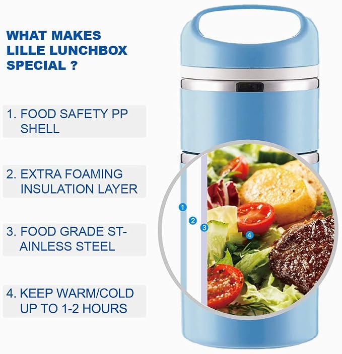 Lille Home Stackable Stainless Steel Thermal Compartment Lunch/Snack Box, 3-Tier Insulated Bento/Food Container with Lunch Bag, Utensils Set and Three Extra Seals, 43OZ (Blue with Utensils)