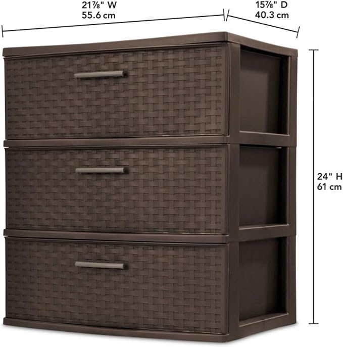 Sterilite 2-Pack 3-Drawer Wide Weave Tower, Storage Closet Organizer, Brown - Plastic Drawers and Containers for Bedroom, Cabinet, Clothes, Dresser, and Kitchen Pantry Organization