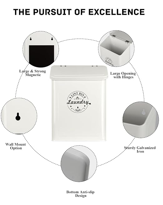 SACREDAY Magnetic Lint Bin for Laundry Room Organization and Storage with Brush, Wall-Mounted Dryer Lint Bin for Room Decor, Space-Saving Trash Can (Cream)
