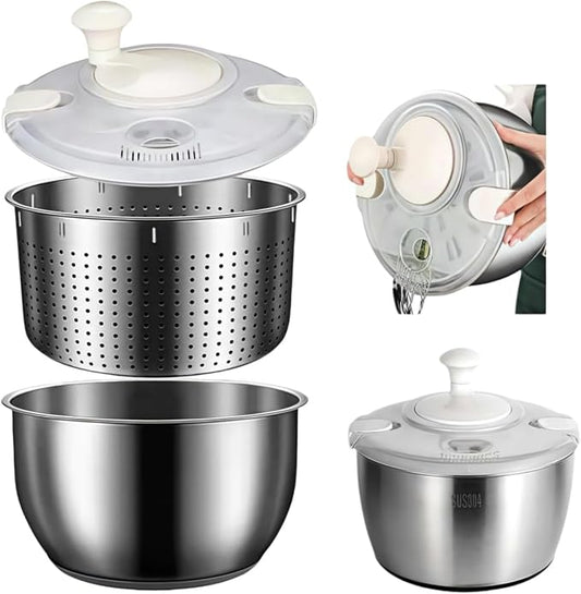 Stainless Steel Salad Spinner, 6L Salad Spinner, Lettuce Spinner, Fruit Washer, Quick Spin Salad Spinner for Householder Vegetables and Pasta Fries Small Salad Spinner Essential Kitchen Utensils
