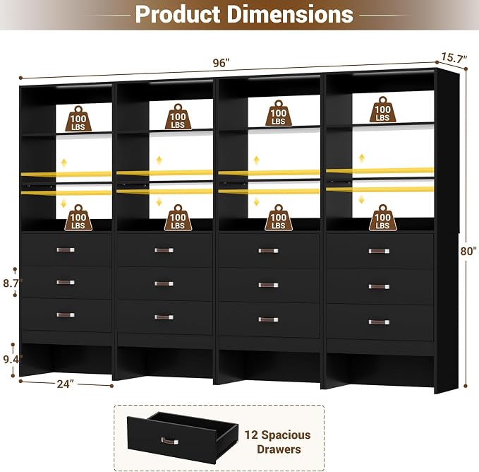 8FT Closet System with Leather Handles, 96" Walk-in Closet Storage Unit with Cabinet, Wood Wardrobe Closet Organizer and Storage with 12 Drawers, Set of 4, Black