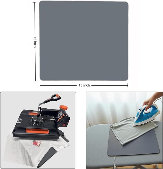 Silicone Heat Press Mat 15x15 Inch, Heat Resistant & Fireproof, Double Sided Washable Heat Press Pad for Vinyl Ironing HTV Transfer Sublimation & Crafting Projects,Gray