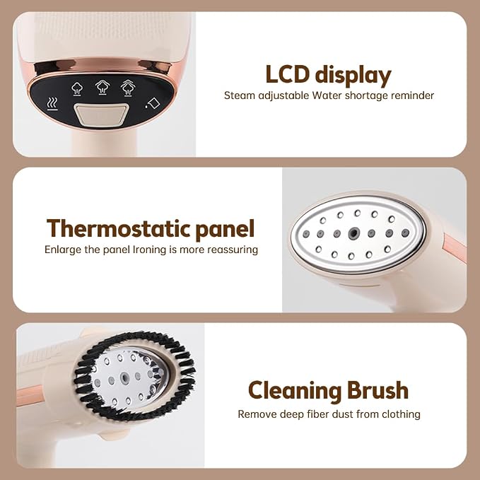 Handheld Steamer for Clothes 1500W 20s Heatup Fabric Wrinkles Remover Portable Handheld Garment Steamer with Removable Water Tank and Fabric Brush Steamer for Garments(champagne)