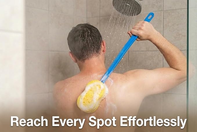 NOVA 23” Extra Long Bath & Back Sponge Brush – Long Handle Body Washer & Back Scrubber for Hard-to-Reach Back, Legs & Feet, Great for Applying Lotion or Cream, Lightweight Shower & Bath Brush with Hanging Loop