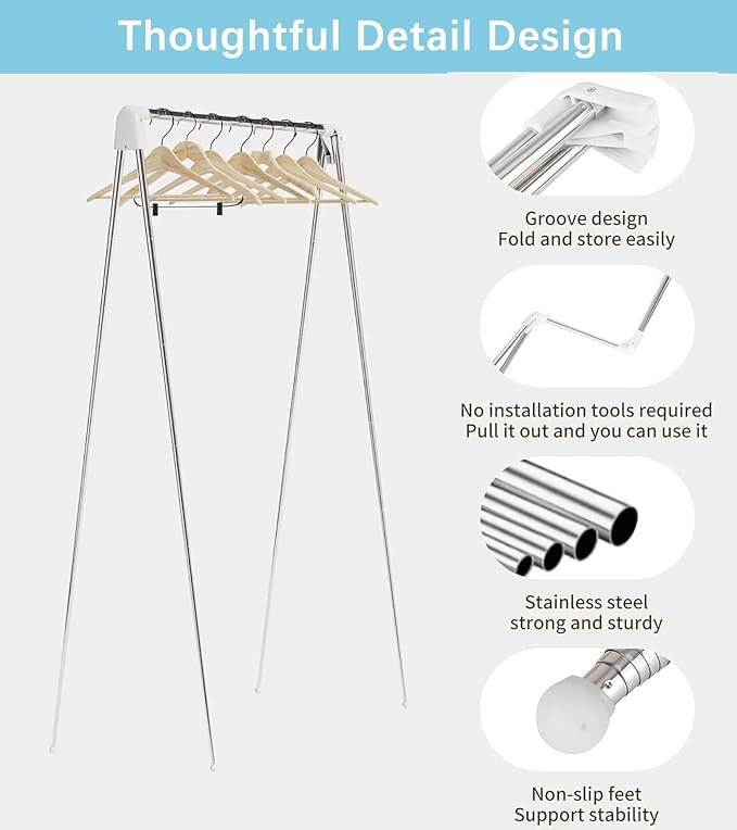 Portable Travel Garment Rack, Collapsible Clothes Rack, White, Stainless Steel, 16"D x 35"W x 53"H, 8.8 Pounds, Foldable, Portable, Collapsible